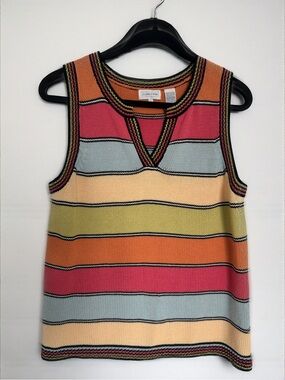 Vintage Y2K JEANNE PIERRE 100% Cotton Striped Knit Sweater Vest Size Large
